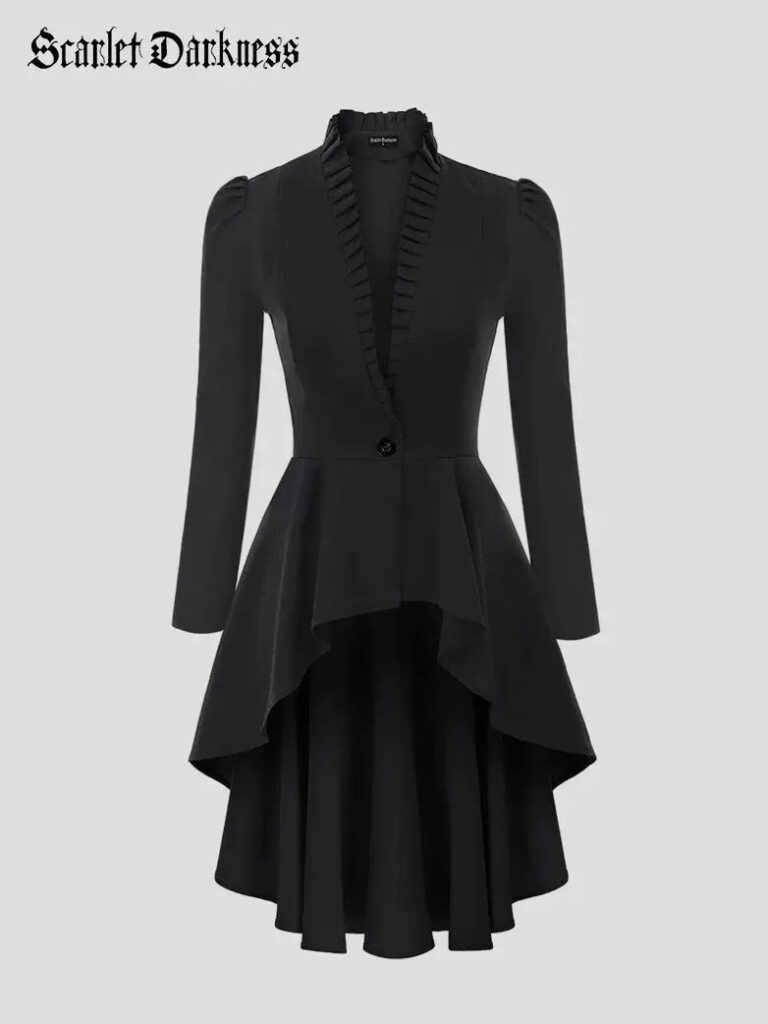 Black long-sleeve high-low jacket cloak with a ruffled collar from Scarlet Darkness
