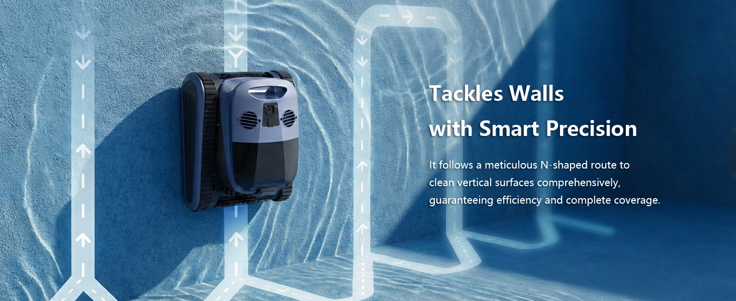 Seauto SAT40 robotic pool vacuum climbing a pool wall along a mapped cleaning route