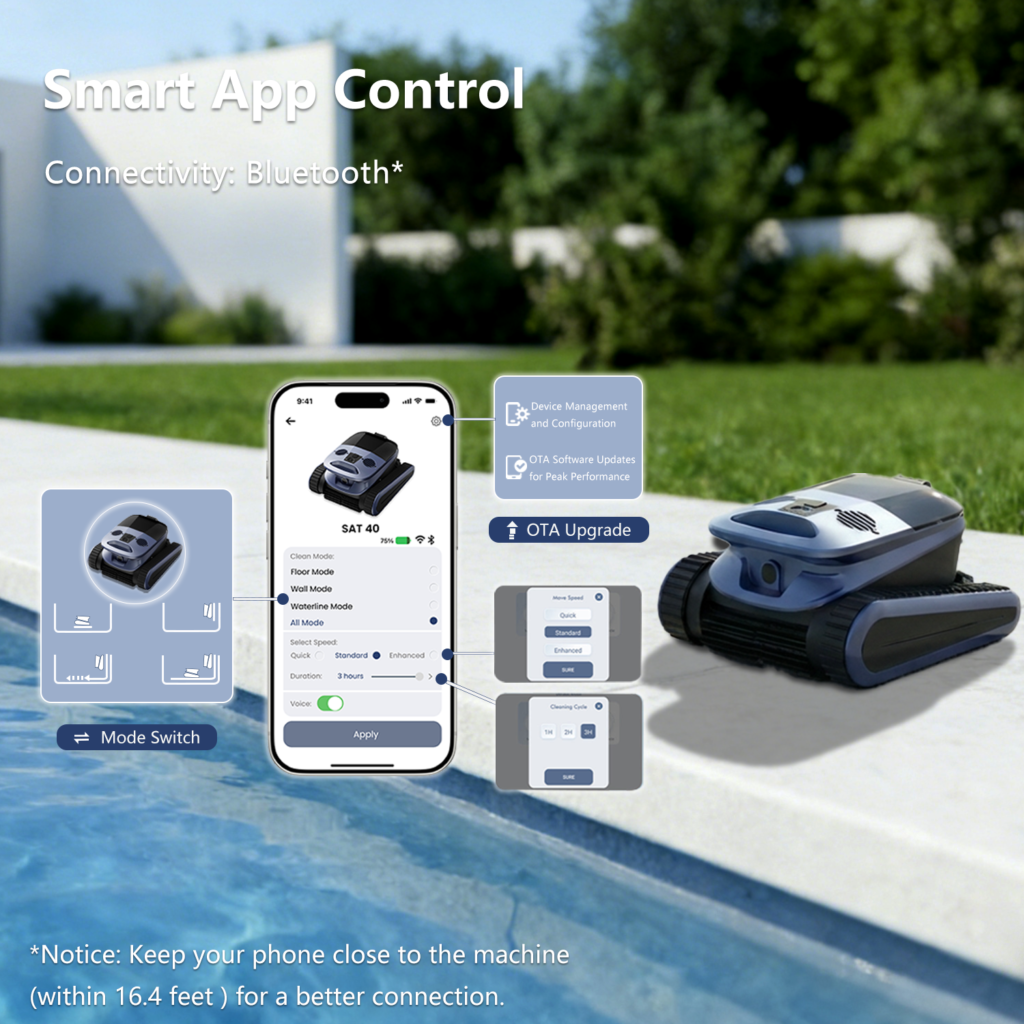 Seauto SAT40 app control screen with cleaning mode options, shown beside the robot at the edge of a pool