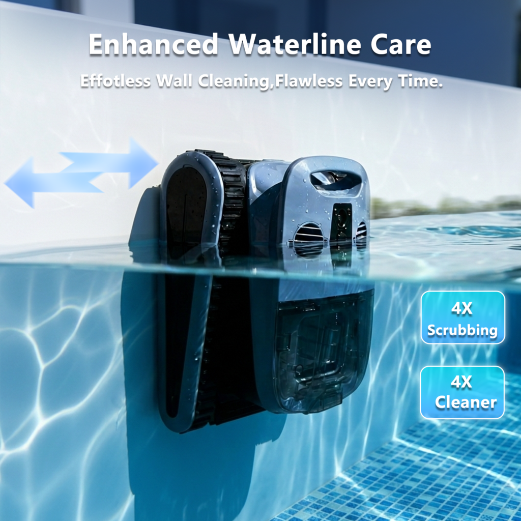 Seauto robotic pool vacuum working along the waterline of a pool wall