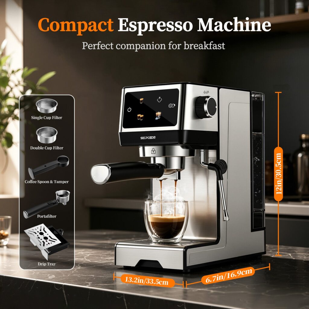SECPOEDR 20 bar espresso machine on a kitchen counter with size callouts and the included filters, tamper, portafilter and drip tray