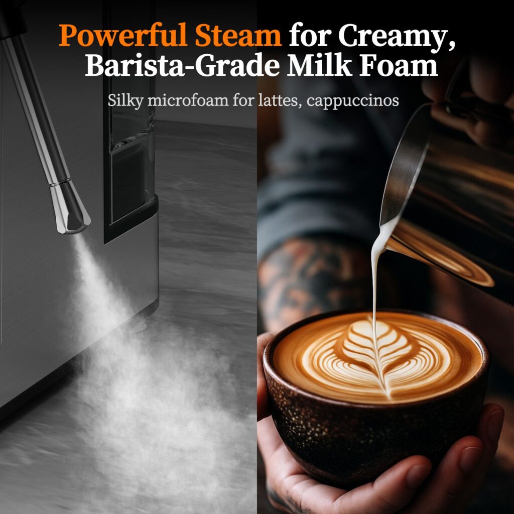 Steam wand releasing steam on one side and milk being poured into a latte art cup on the other