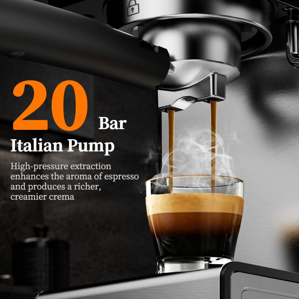 Close-up of a portafilter pouring two streams of espresso into a glass, with a 20 Bar Italian Pump label
