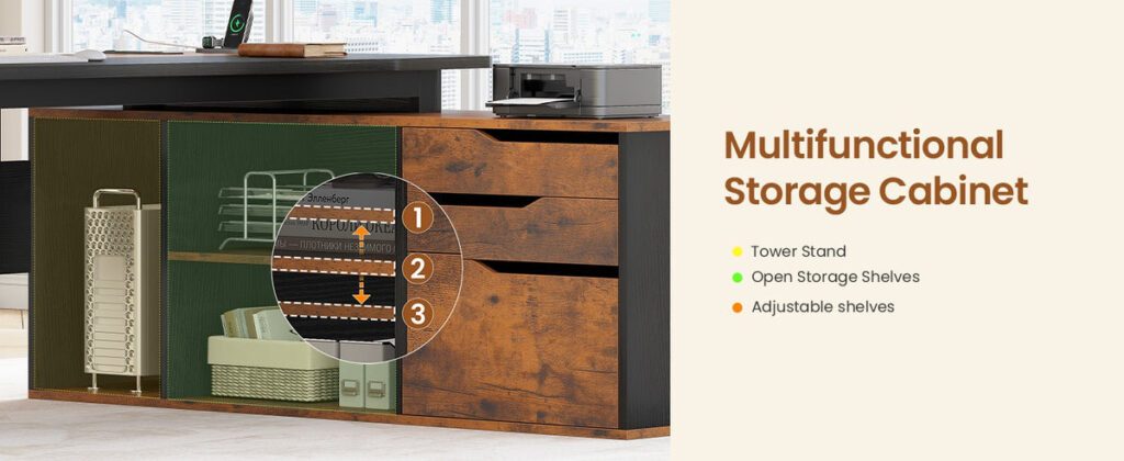 Storage cabinet of the desk showing a tower stand, open shelves and adjustable shelf positions beside three drawers