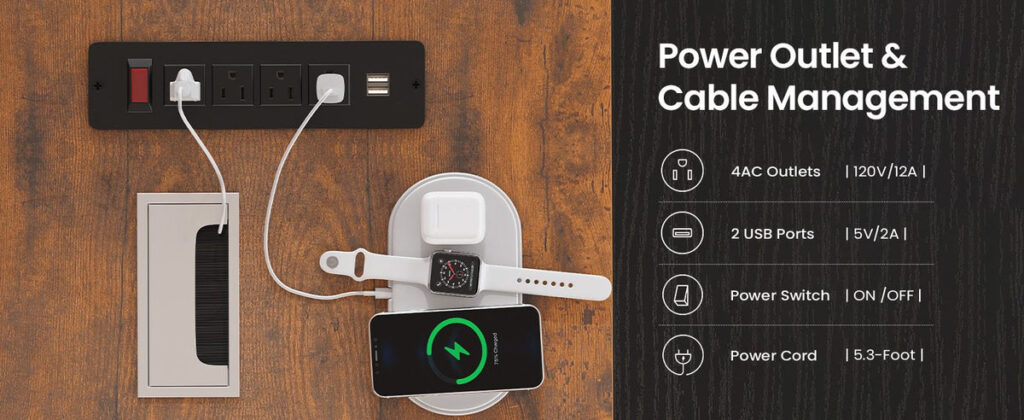 Close-up of the built-in power strip with AC outlets, USB ports, an on and off switch and a cable pass-through