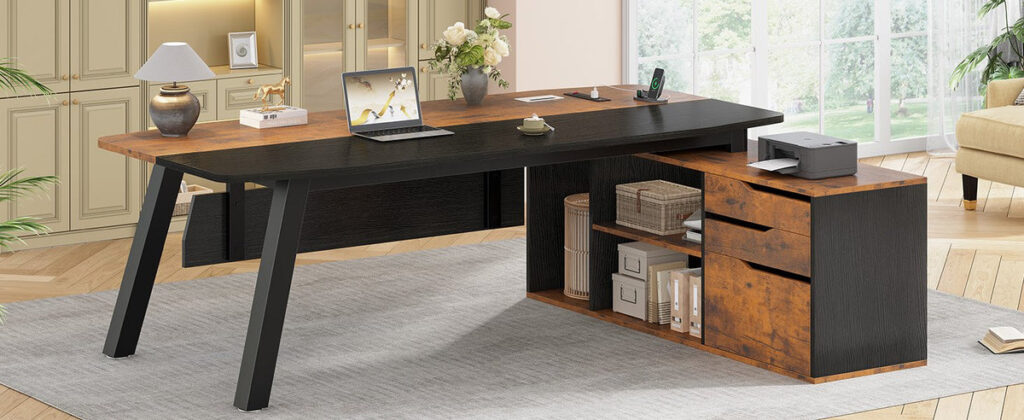SEDETA L-shaped executive desk with a laptop on the desktop, a printer on the cabinet and open shelves below
