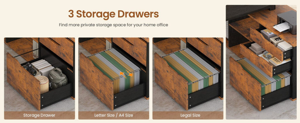 Three storage drawers on the desk, with hanging files in letter, A4 and legal sizes shown in the file drawer