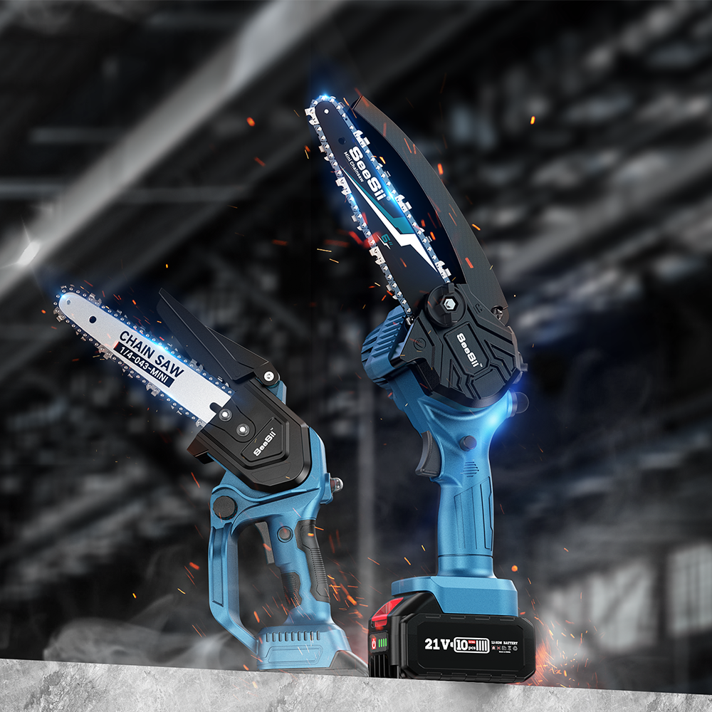 Two SeeSii mini chainsaws standing upright on a concrete ledge in a dark workshop, with sparks around the blades
