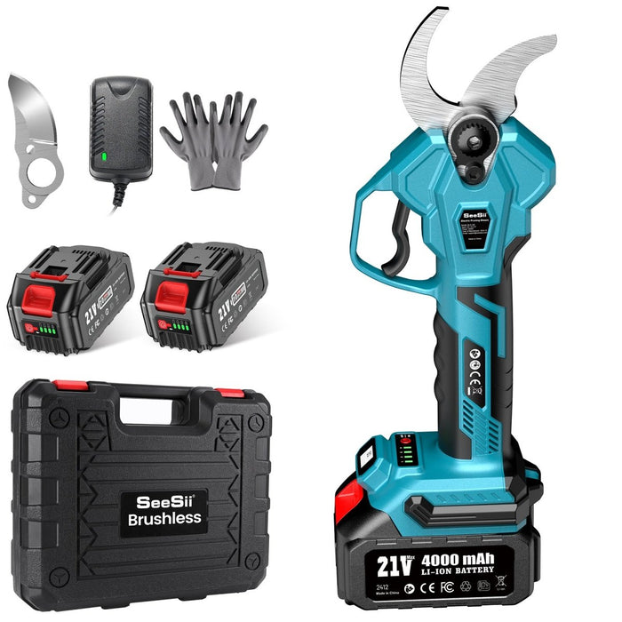 SeeSii electric pruning shears with two batteries, a spare blade, a charger, work gloves and a carrying case
