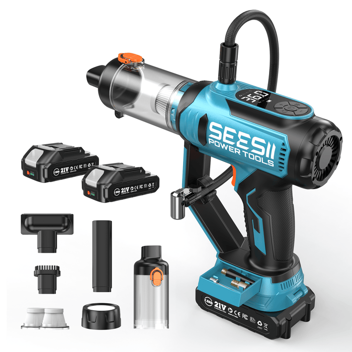 The SeeSii T7 Max inflator and car vacuum with two batteries, nozzle attachments and washable filters