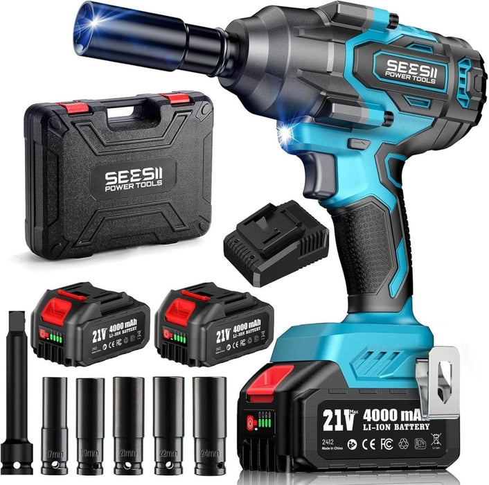 The SeeSii WH760 kit laid out with its case, charger, batteries, extension bar and five sockets