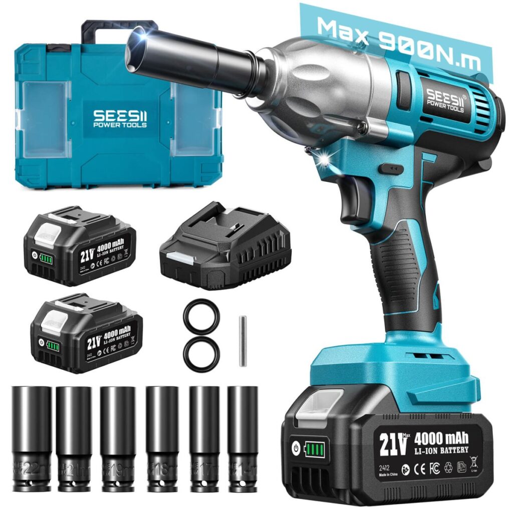 The SeeSii WH710 impact wrench with its case, charger, two batteries and six sockets