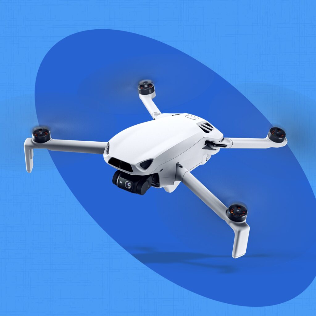 SkyRover S1 drone in white hovering against a blue graphic background with a 4K camera on the gimbal