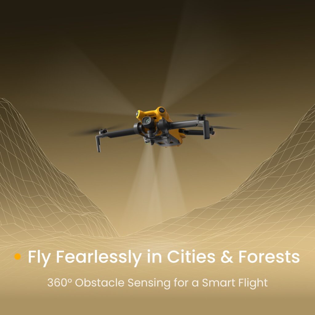SkyRover X1 hovering against a golden backdrop with sensing beams, captioned for 360-degree obstacle sensing in cities and forests