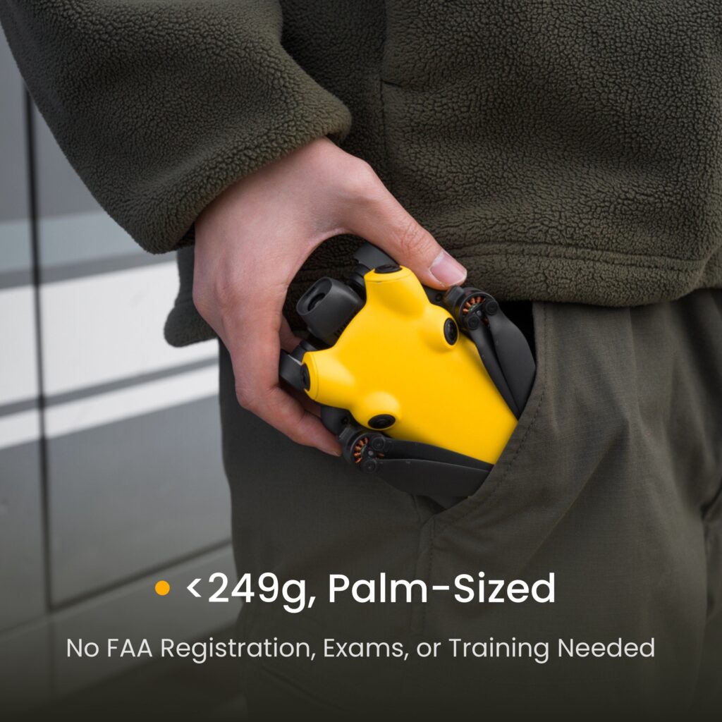 Hand sliding a folded yellow SkyRover X1 into a jacket pocket, with a caption about its palm-sized, sub-249-gram body