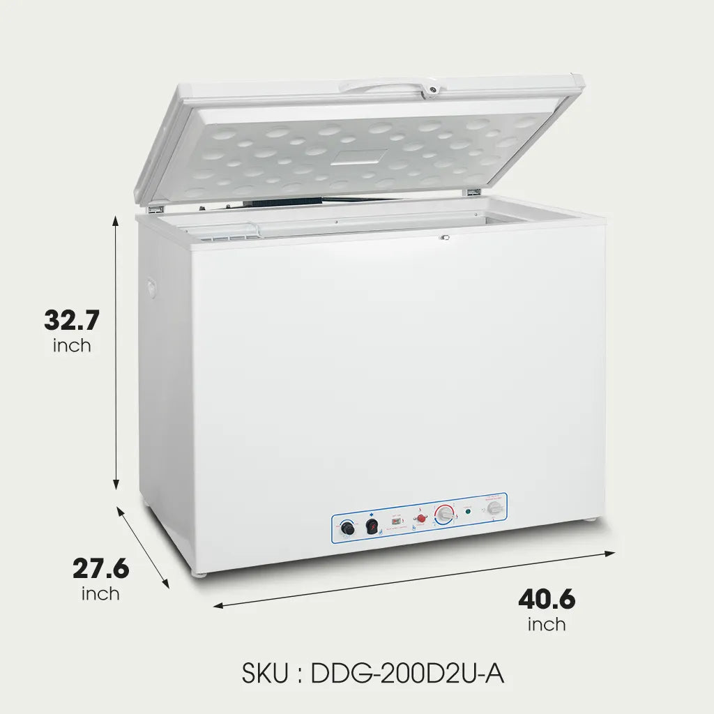 SMAD 7.0 cu ft propane chest freezer with its dimensions of 40.6 by 27.6 by 32.7 inches