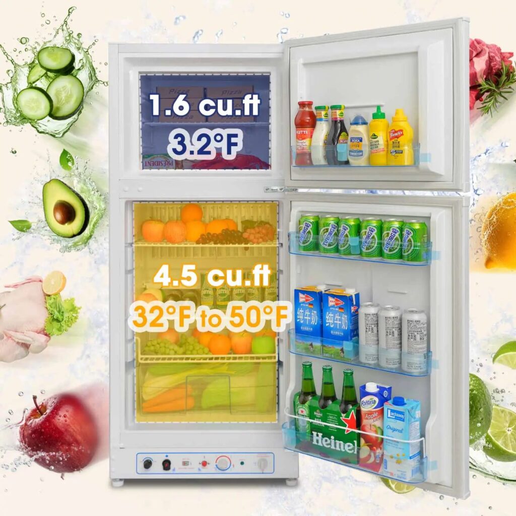 Inside a SMAD 6.1 cu ft propane fridge, showing a 1.6 cu ft freezer at 3.2°F and a 4.5 cu ft fridge at 32°F to 50°F