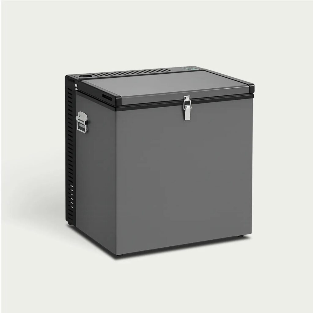 SMAD 2.4 cu ft 3-way propane chest freezer in gray with a latch lid