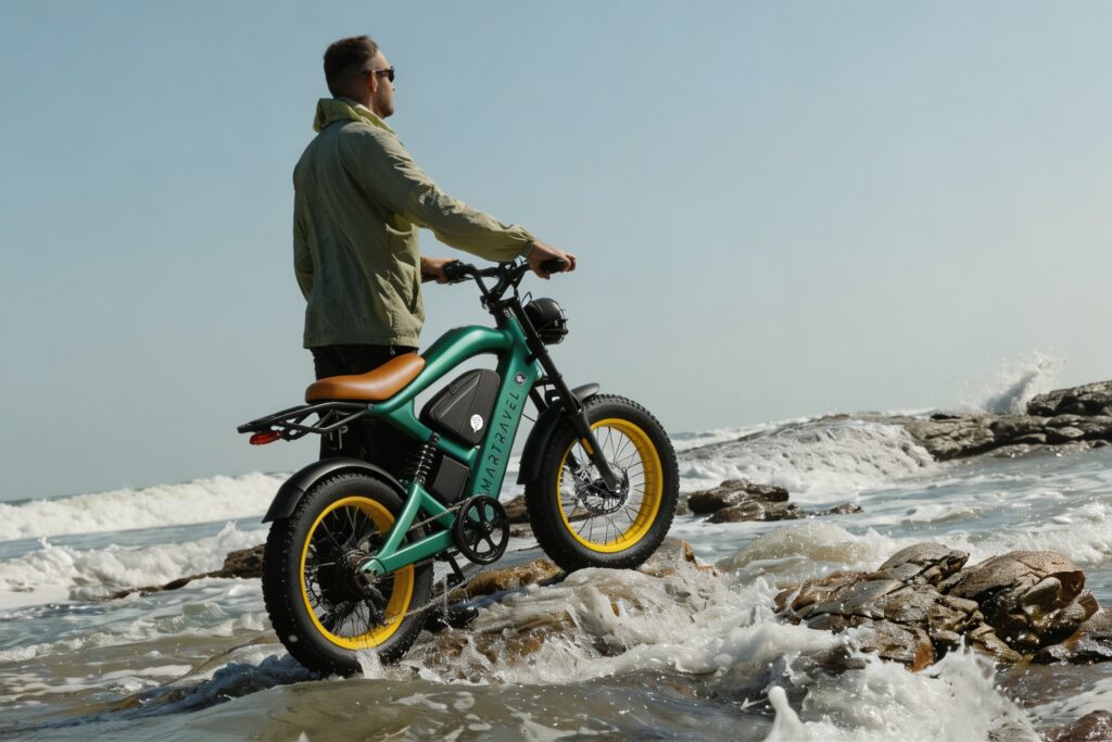 Rider in an olive jacket on a green Smartravel e-bike beside crashing waves on a rocky shore