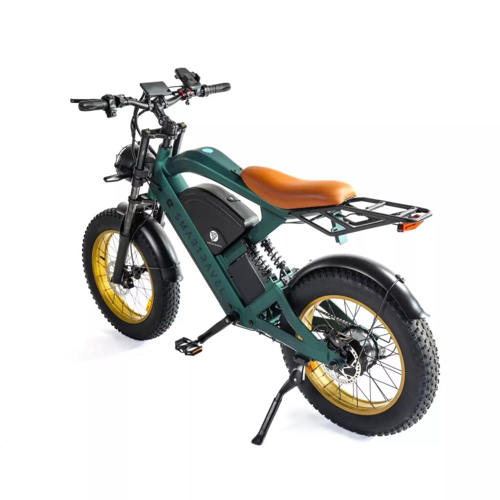 Studio view of a green Smartravel Raptor ST202 e-bike with an orange seat, a rear rack and gold-rimmed fat tires