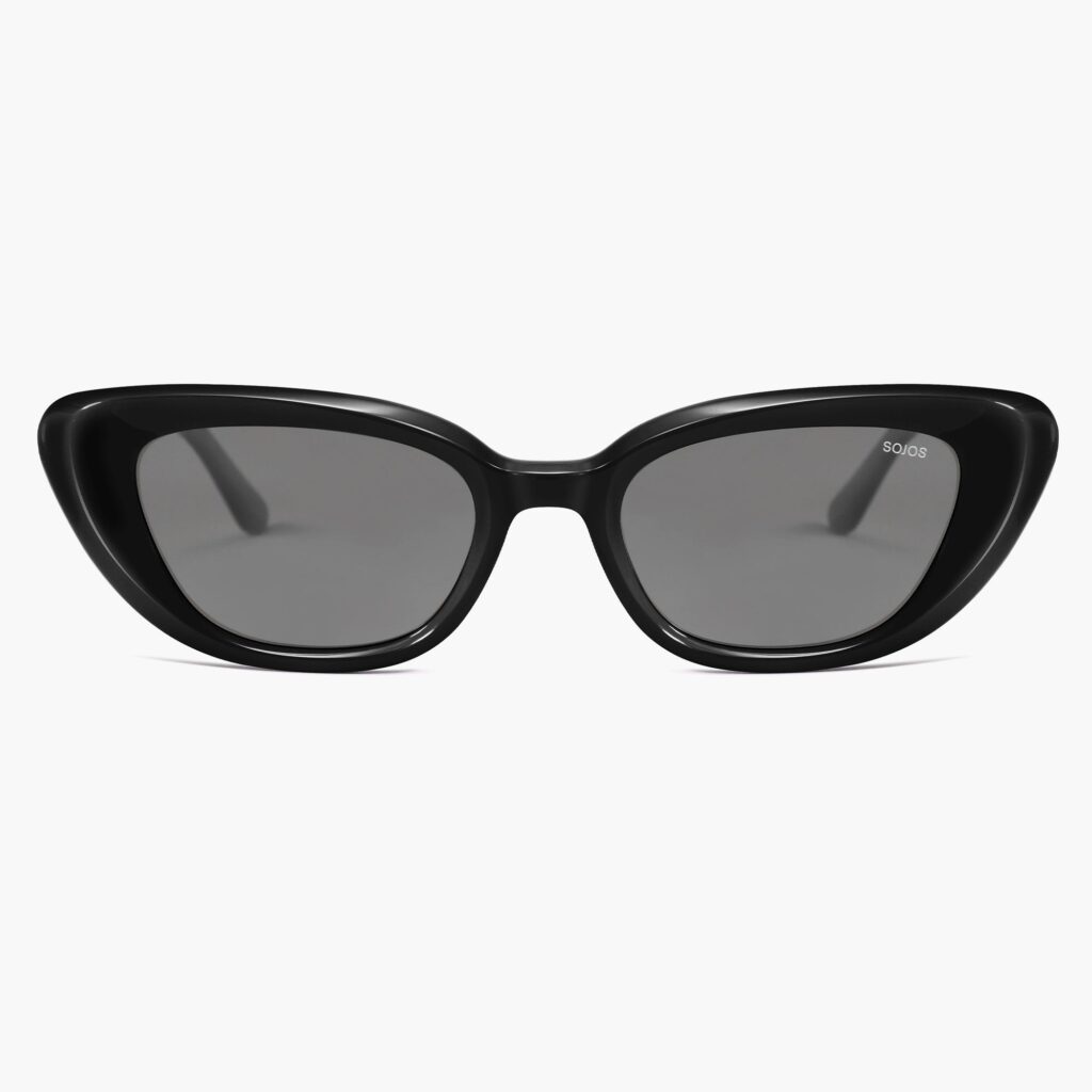 Glossy black cat-eye sunglasses with dark grey lenses and a small SOJOS mark on the lens