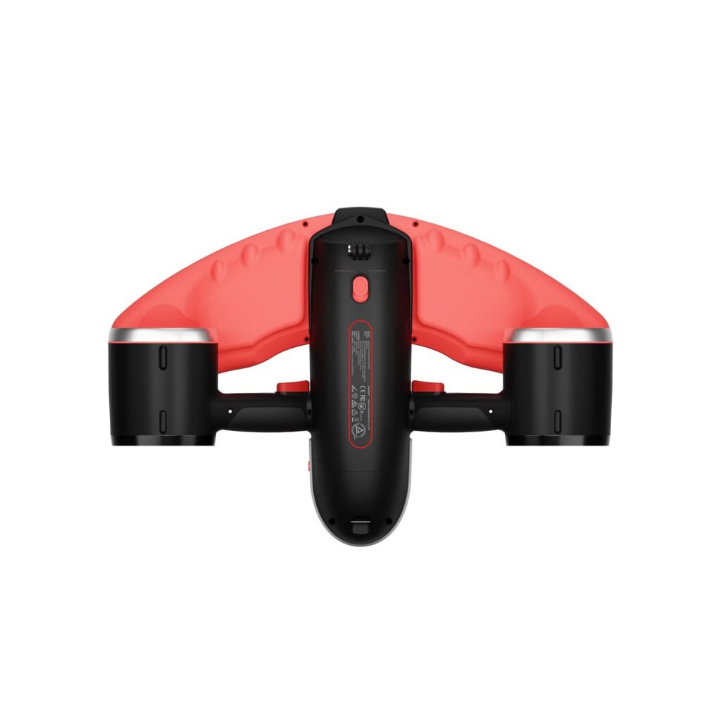 Top view of the SUBLUE Navbow underwater scooter in red and black with a motor on each side