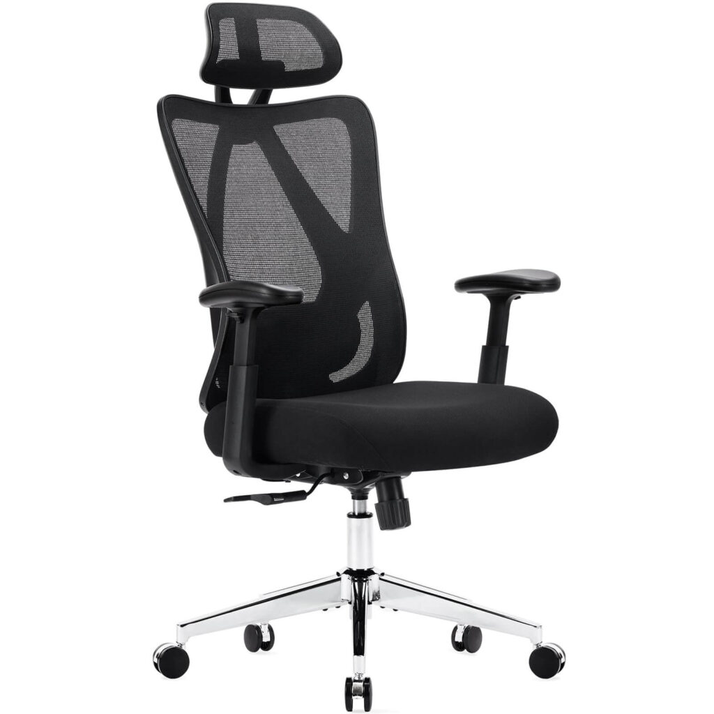 Black mesh office chair with a headrest, adjustable armrests and a chrome five-star base