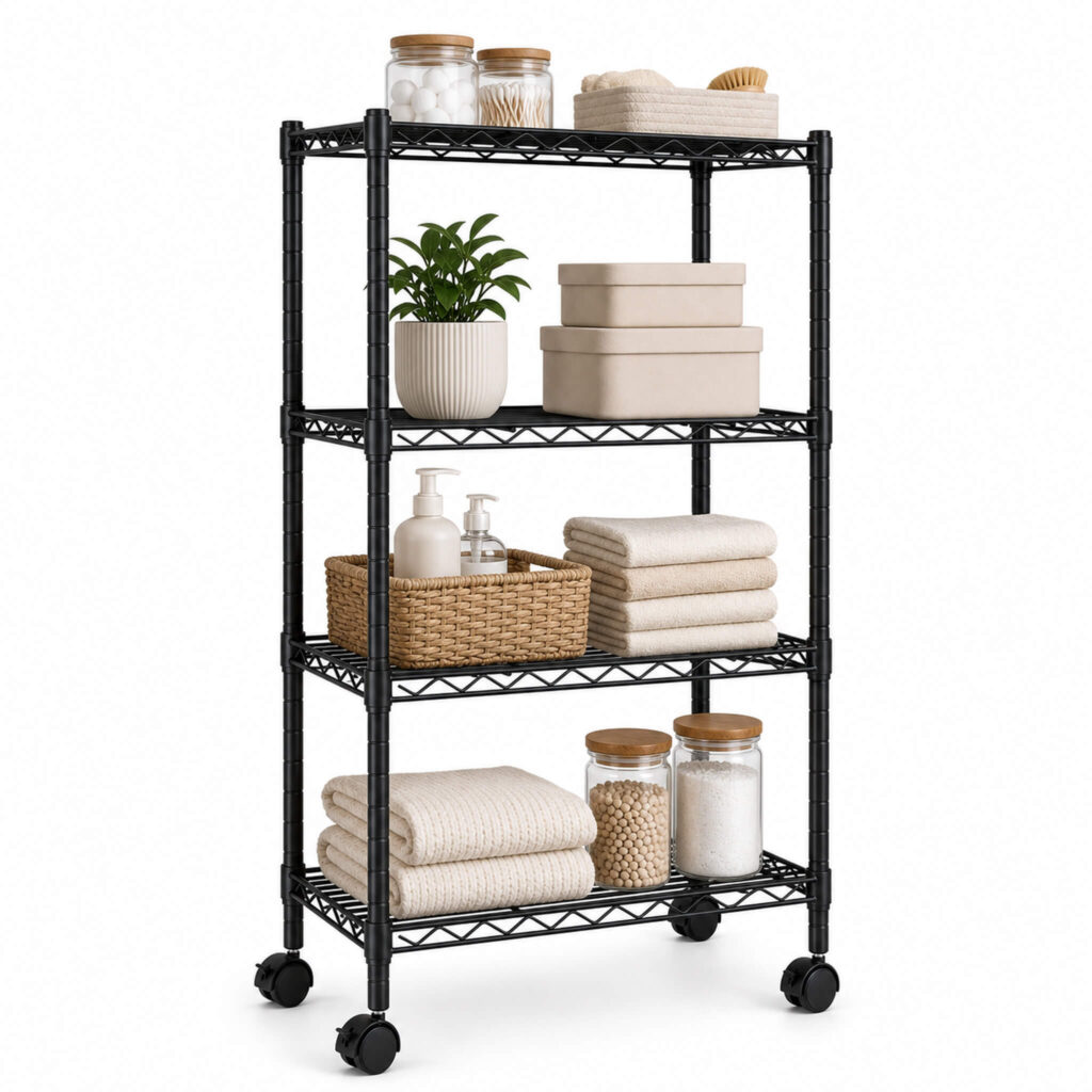 Black four-tier rolling wire storage shelf holding towels, baskets and glass jars