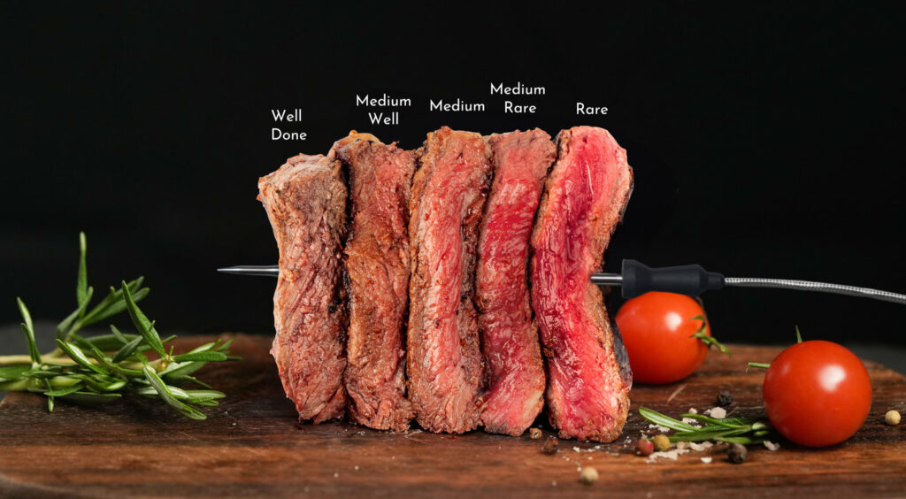 Five steak slices from rare to well done with the Tastee probe running through them