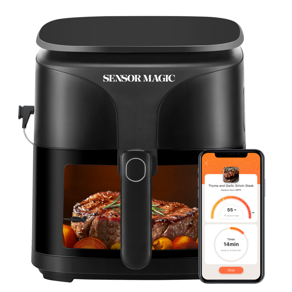 Tastee Sensor Magic air fryer with a phone showing a live steak temperature in the app