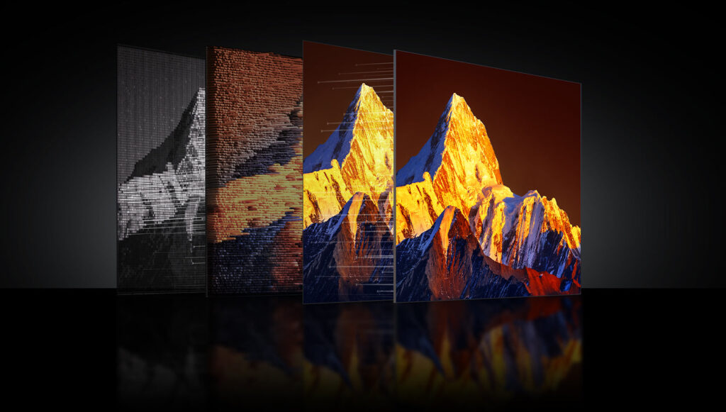 Four stacked picture layers building up a glowing mountain scene, from TCL's QM8L product page