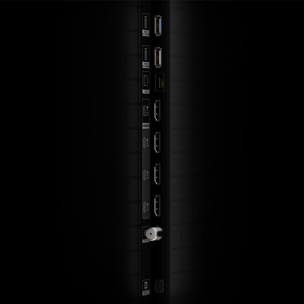 Back-panel ports on the TCL QM8L, showing four HDMI inputs labeled 4K 144Hz alongside USB, LAN, antenna and optical audio out