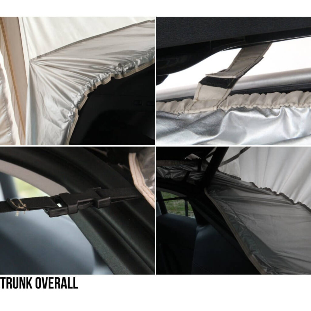 Photo set of the Tentsla trunk connection showing straps, a buckle and silver reflective fabric
