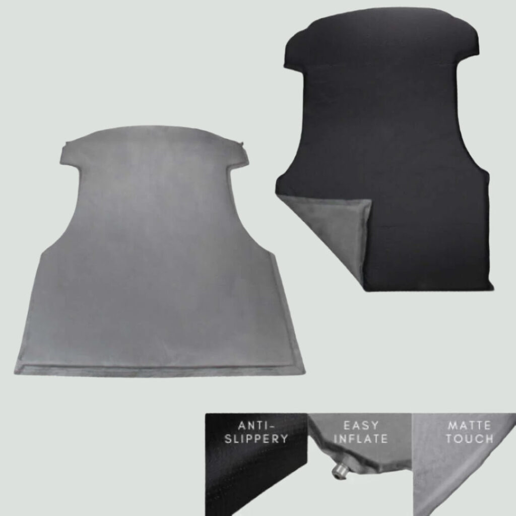 Tentsla mattress shaped to fit a Tesla trunk, shown in grey and black
