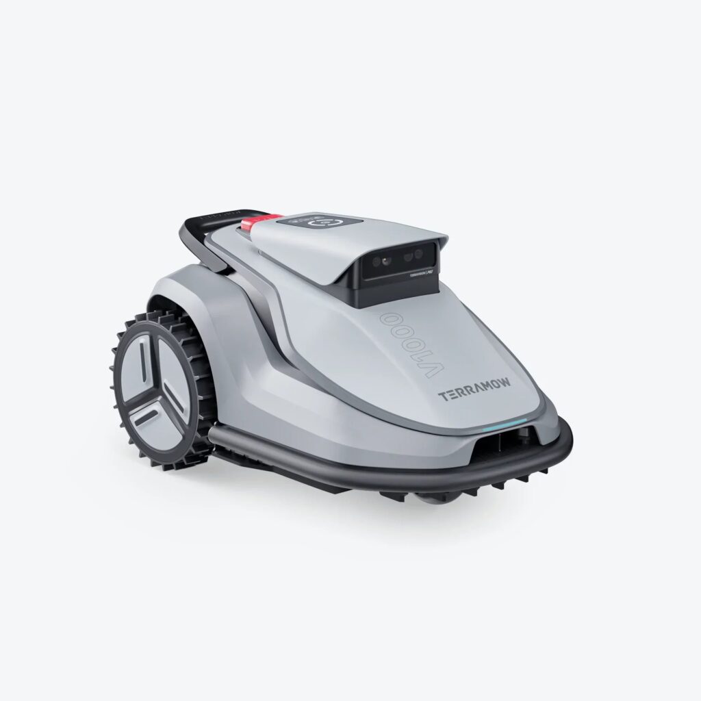 TerraMow V1000 robot lawn mower shown from a three-quarter angle on a plain background