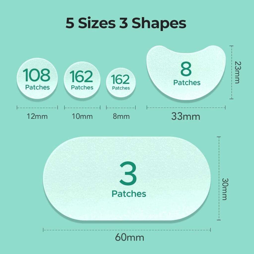 TKTK size chart: 108 patches at 12mm, 162 at 10mm, 162 at 8mm, 8 contoured patches and 3 XL strips