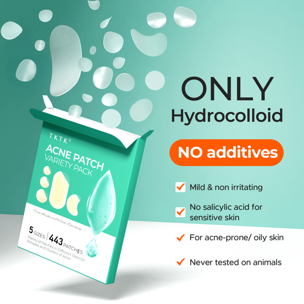 TKTK graphic stating plain hydrocolloid with no additives, no salicylic acid and never tested on animals