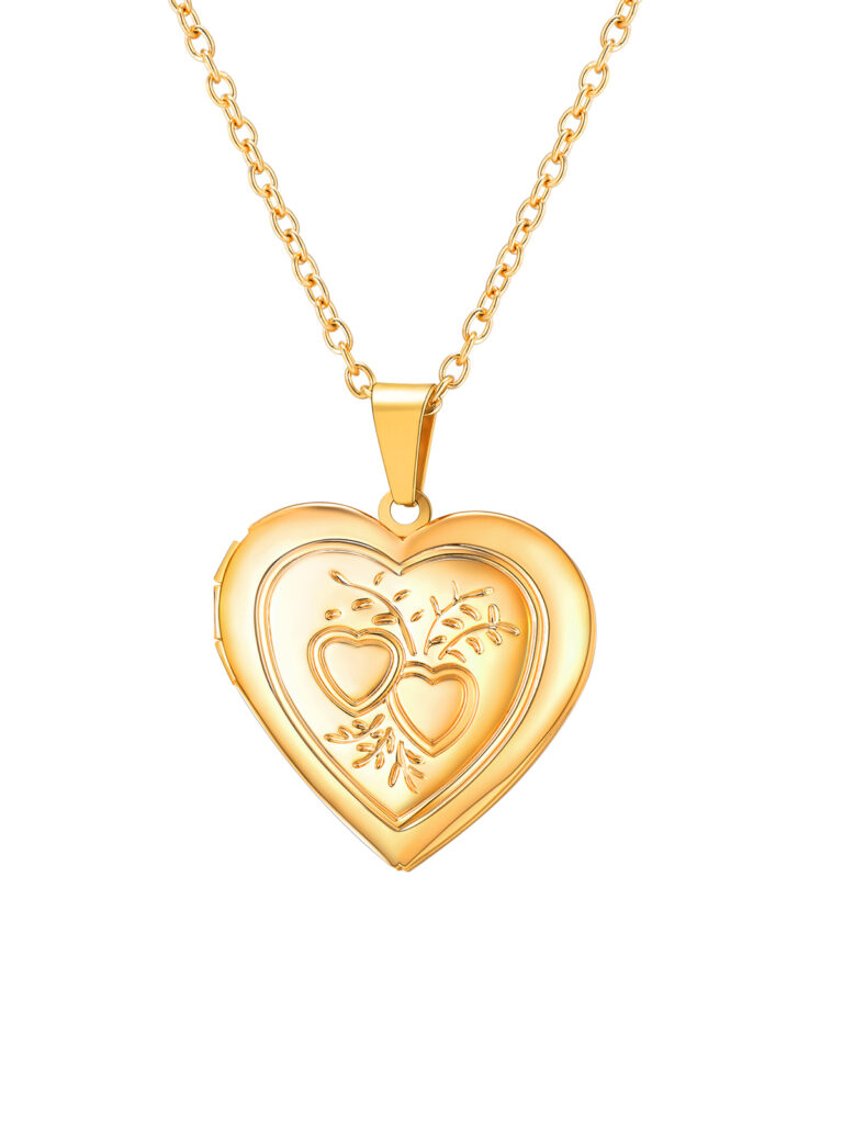 Gold plated heart locket on a cable chain with two small hearts and leaf sprigs engraved on the front