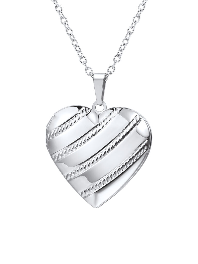 Platinum plated heart locket on a cable chain with four diagonal rope-textured bands across the front