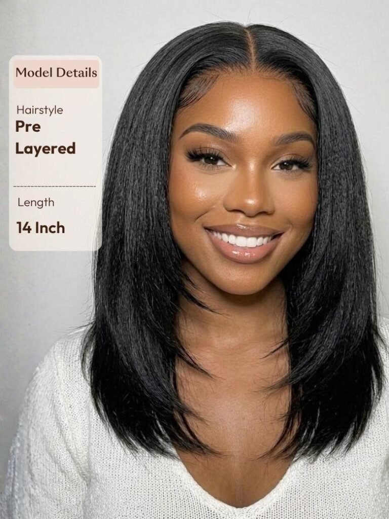 Smiling woman wearing a layered, straight yaki bob wig, with a card listing the style and a 14 inch length