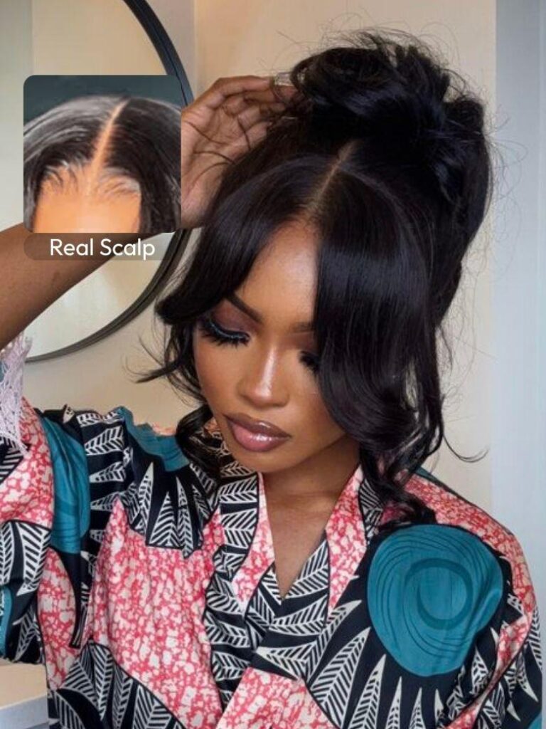 Woman wearing a UNice lace wig with curtain bangs, with an inset close-up labeled Real Scalp
