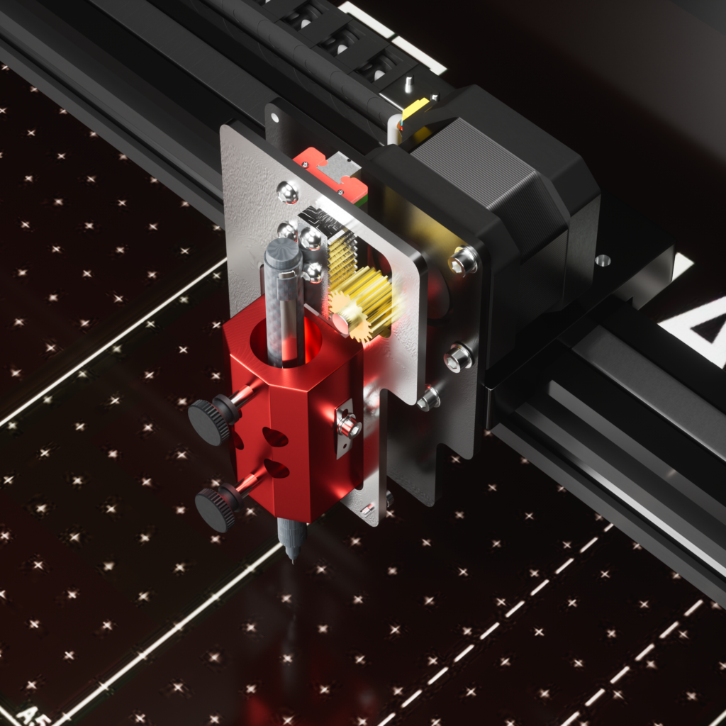 Close-up of a UUNA TEK plotter pen carriage with a red pen holder, stepper motor and gold gears