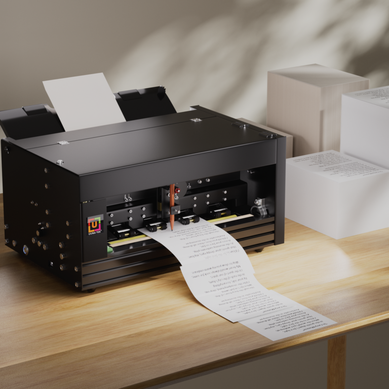 UUNA TEK iAuto automatic handwriting machine feeding a sheet of written text onto a wooden desk