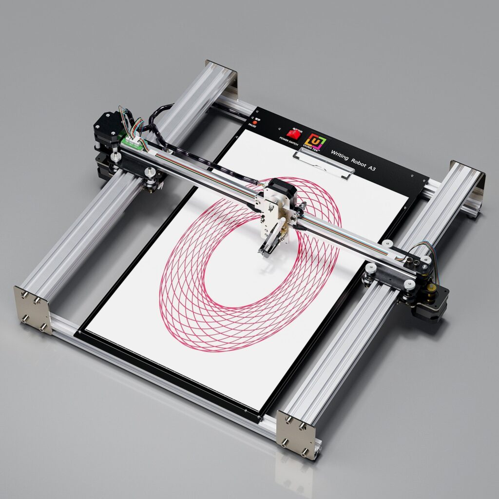 UUNA TEK A3 writing robot with aluminum rails drawing a red looping pattern on white paper