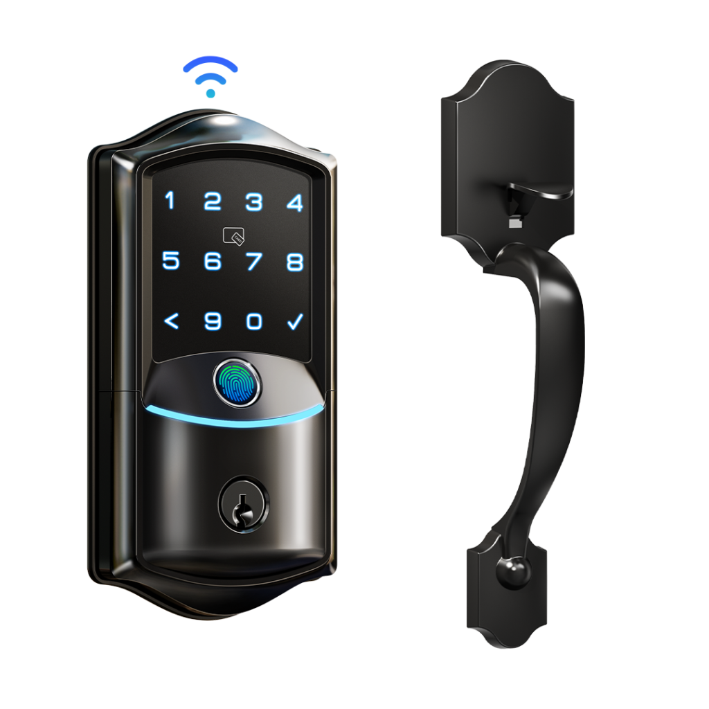 Veise VE027-H touchscreen smart lock beside a matching black handleset