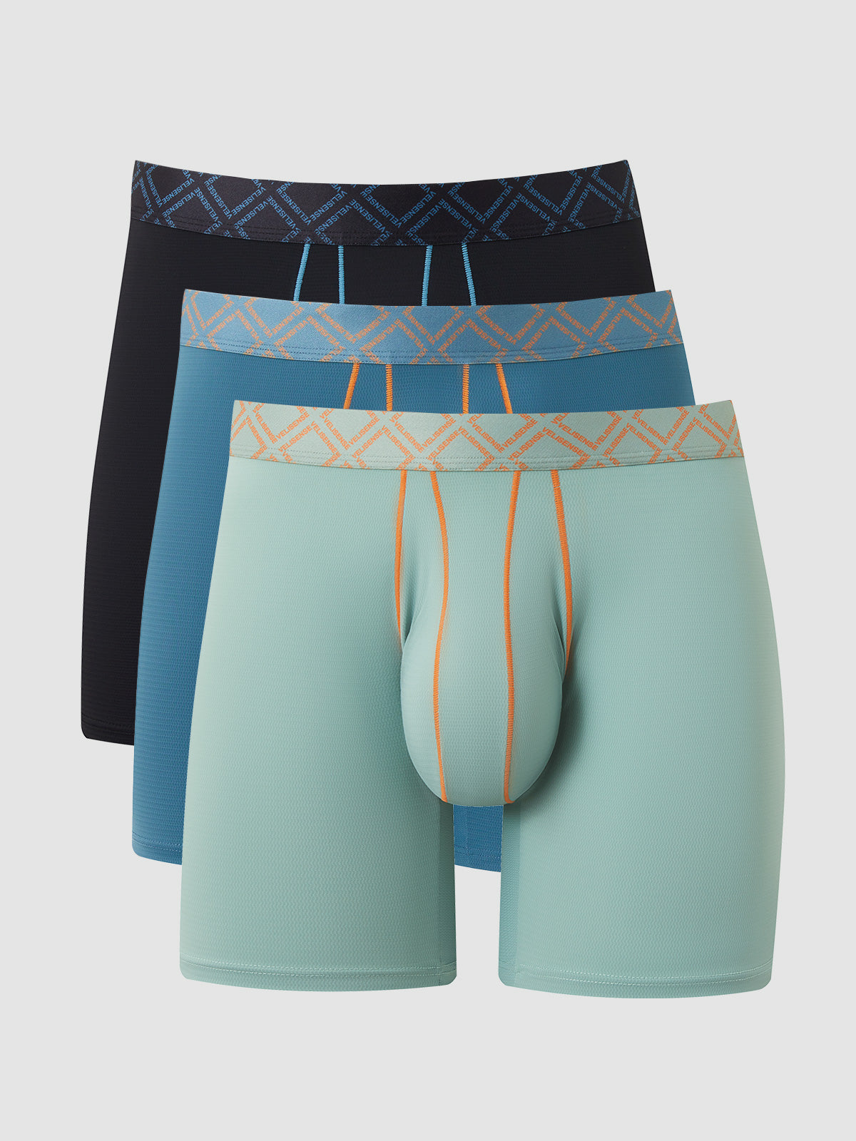 Three VELISENSE boxer briefs in black, blue and mint with geometric printed waistbands