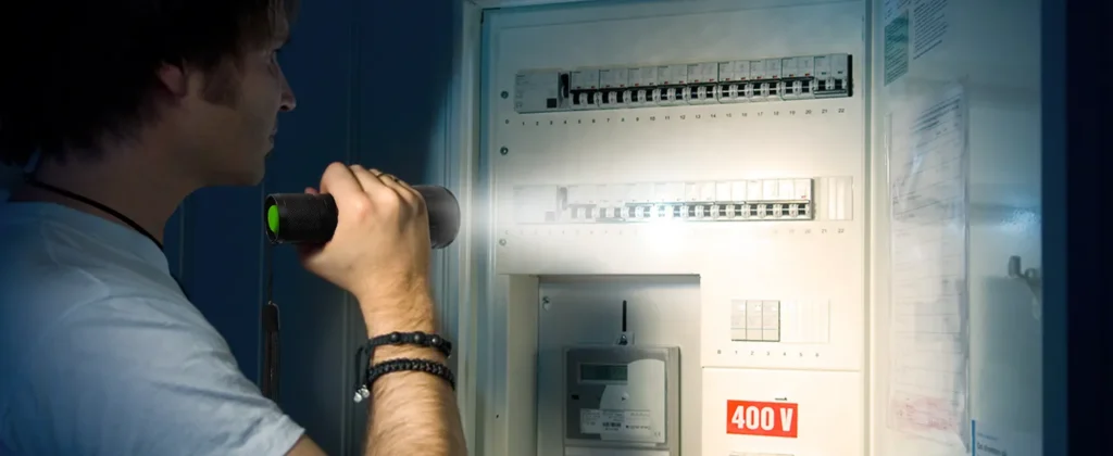 A man shining a flashlight at an electrical breaker panel in a dark room