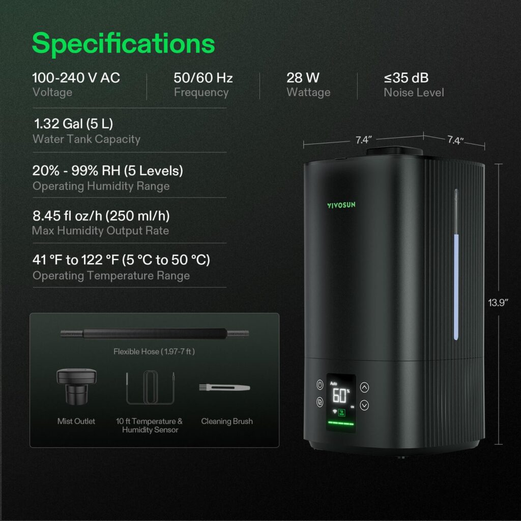 VIVOSUN AeroStream H05 specification sheet showing voltage, tank size, noise level and dimensions beside the included hose, mist outlet, probe and cleaning brush