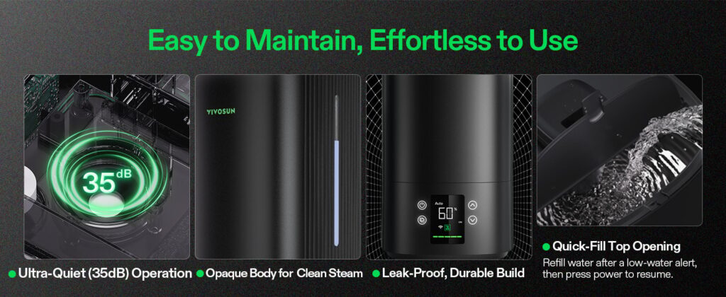 VIVOSUN AeroStream maintenance features: 35 dB operation, opaque body, leak-proof build and a quick-fill top opening