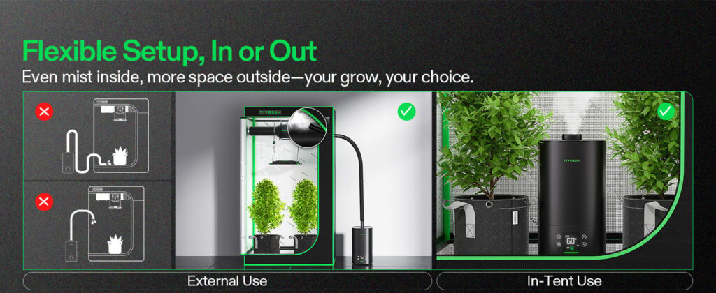 AeroStream humidifier shown two ways: outside a grow tent with a hose running in, and inside the tent beside potted plants